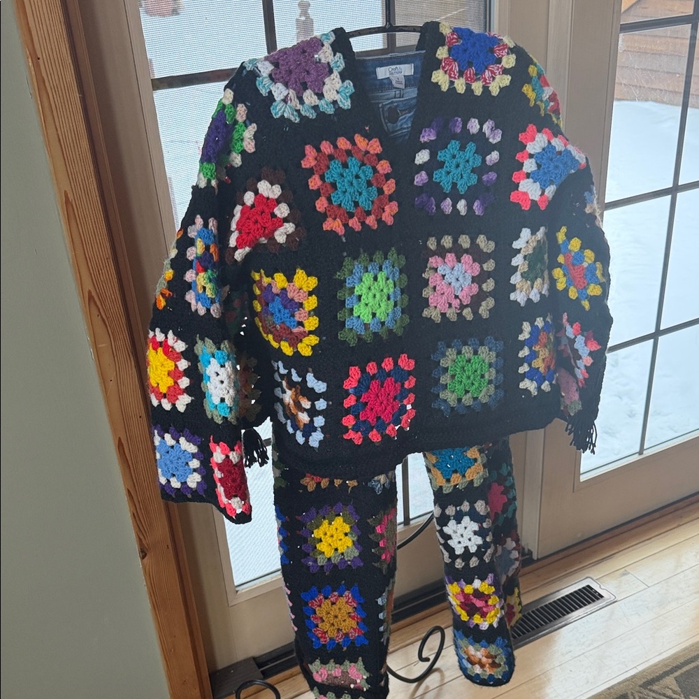 Upcycled Handmade Colorful Crochet 3 piece Sweater, Top and Pants/Jeans Set
